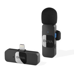 Boya BY-V1  2.4 ghz Omnidirectional Wireless Microphone System with a Transmitter & a Receiver for iOS Devices. MFI Certified. for Social Media, YouTube Content with Rechargeable Battery. 50 metres Range.